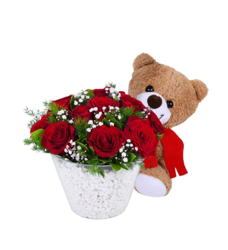 Cam Vazoda Ayıcıklı Gül Aranjmanı