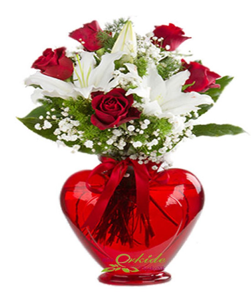 Kalpli Cam Vazo Gül AranjmanI