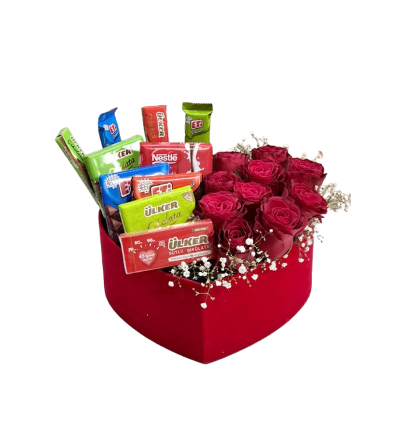 Kalp Kutuda Çikolata Ve Gül Aranjmanı