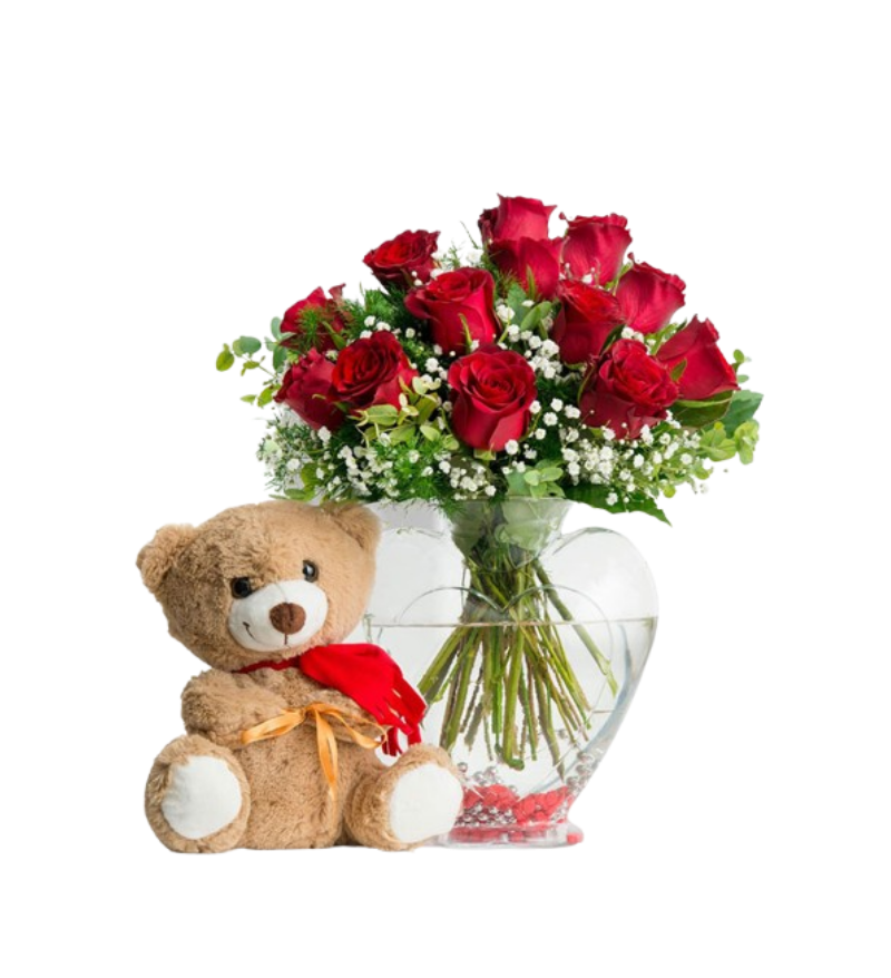 Cam Vazoda Ayıcıklı Gül Aranjmanı